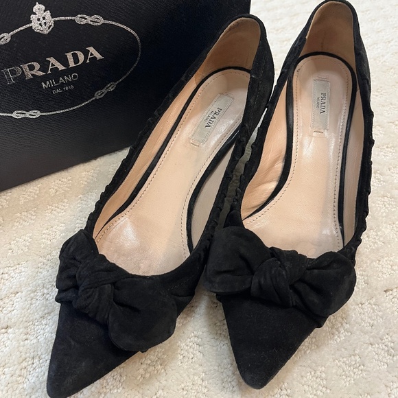 Prada black suede kitten heel pumps with bow detail - Picture 1 of 9